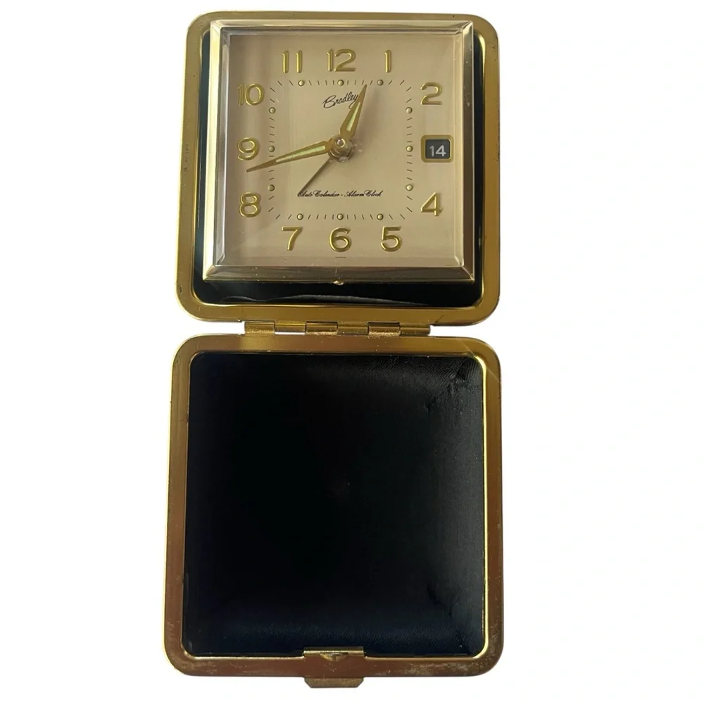 Vintage Bradley Folding Travel Alarm Clock Wind Up Black Gold Tone Working